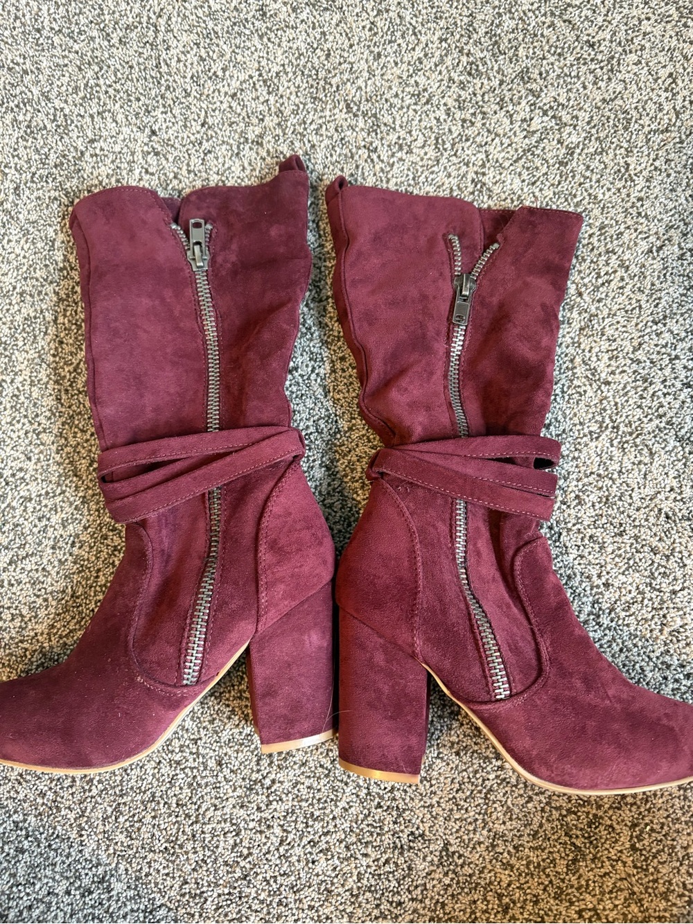 Very G Plum Suede Mid-Calf Zip Block Heel Boots